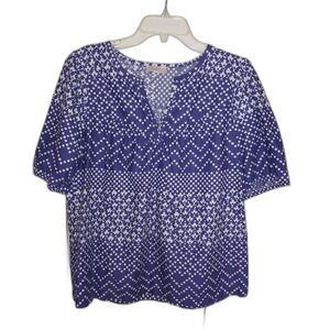LOFT Blue & White Geometric Print Split Neck Blouse Sz M